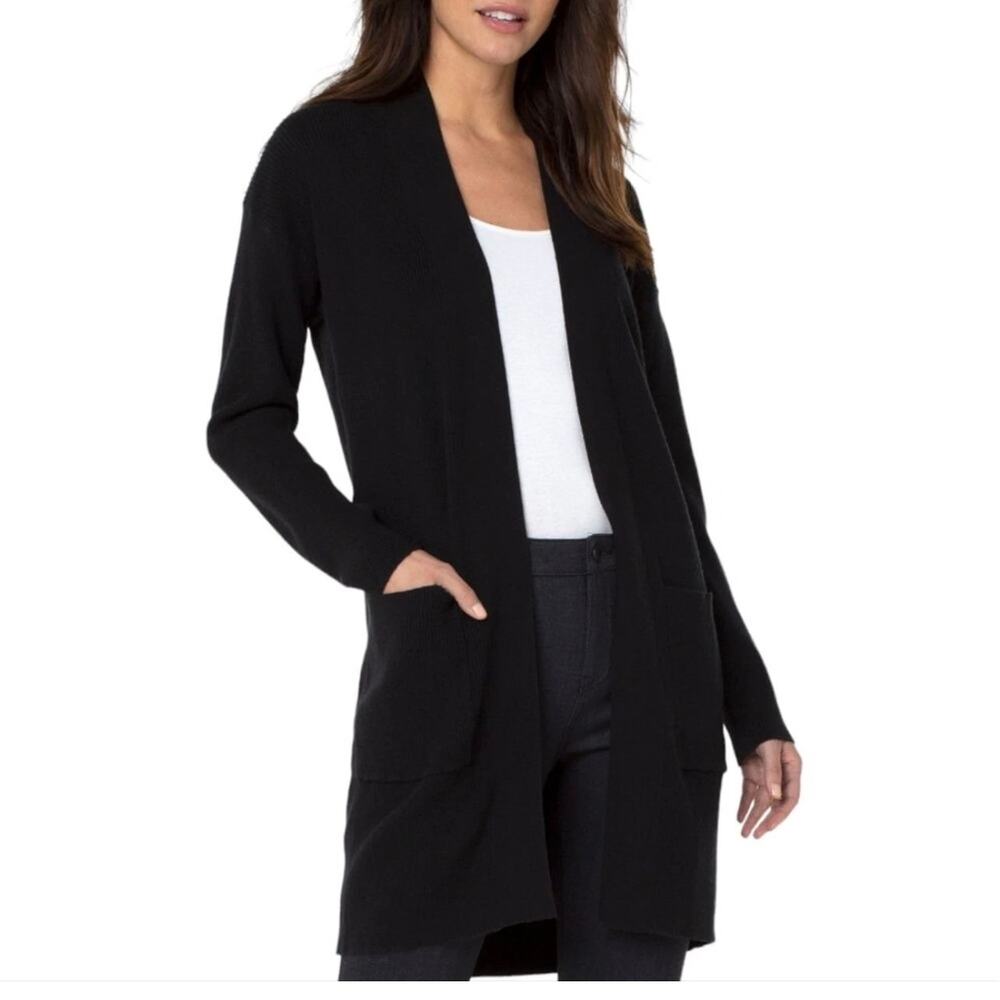 Liverpool Ribbed Open Front Cardigan Sweater in Black Women's Size 1X